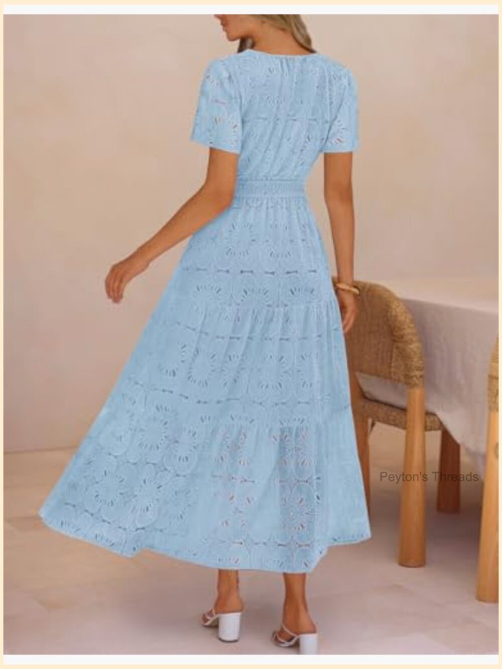 Summer Boho Floral Maxi Dress with Eyelet Lace Short Sleeve A-Line Tiered Flowy - Picture 4 of 7